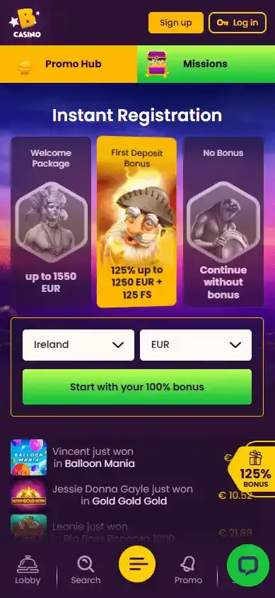 Bizzo Casino mobile homepage