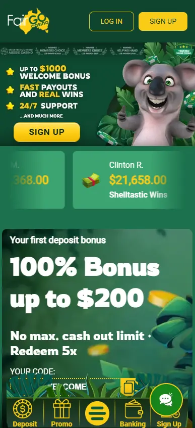 Fair Go Casino mobile homepage