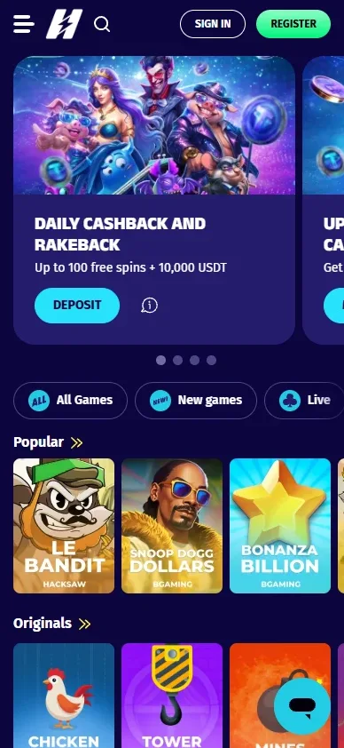 Hyper Lucky Casino mobile homepage