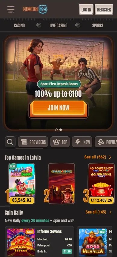 Neon54 casino mobile homepage
