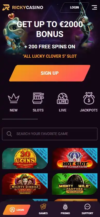 Ricky Casino mobile homepage