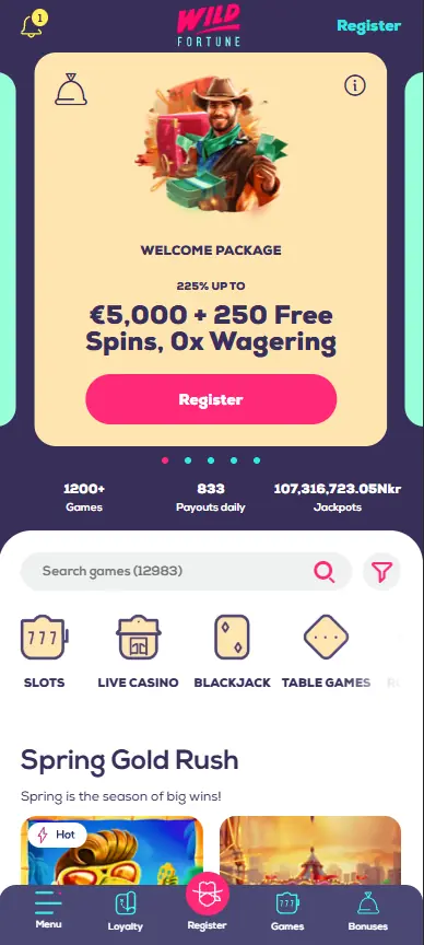 Wild Fortune casino mobile homepage