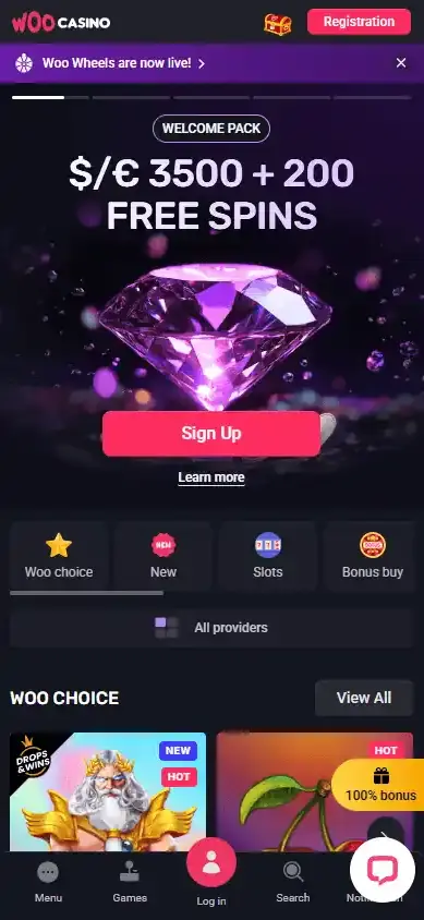 Woo Casino mobile homepage
